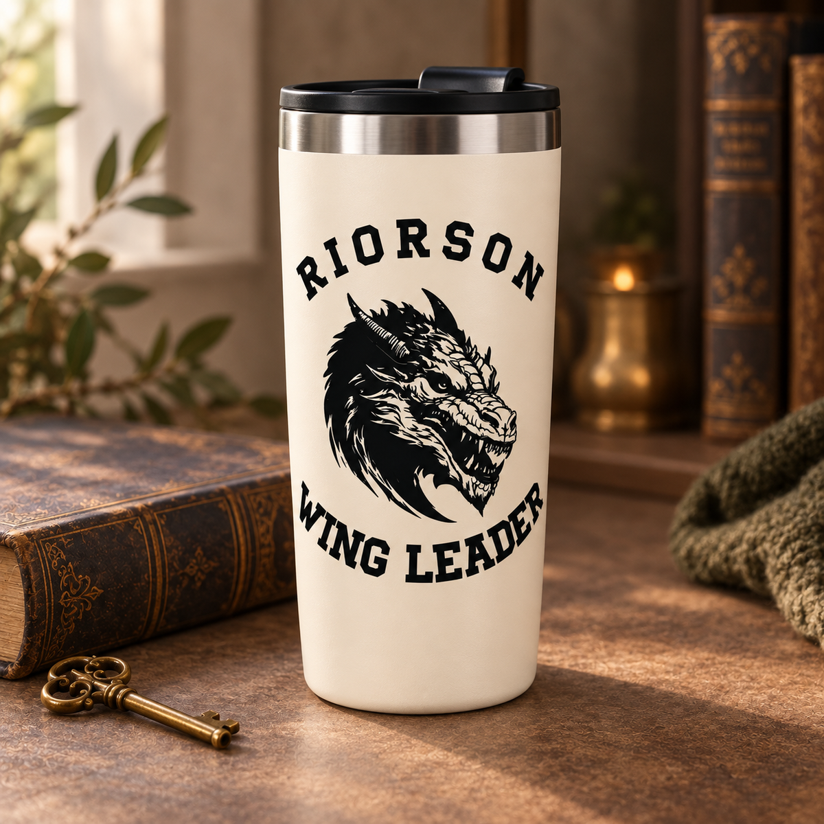 Cream Riorson Wing Leader insulated travel tumbler with black dragon artwork