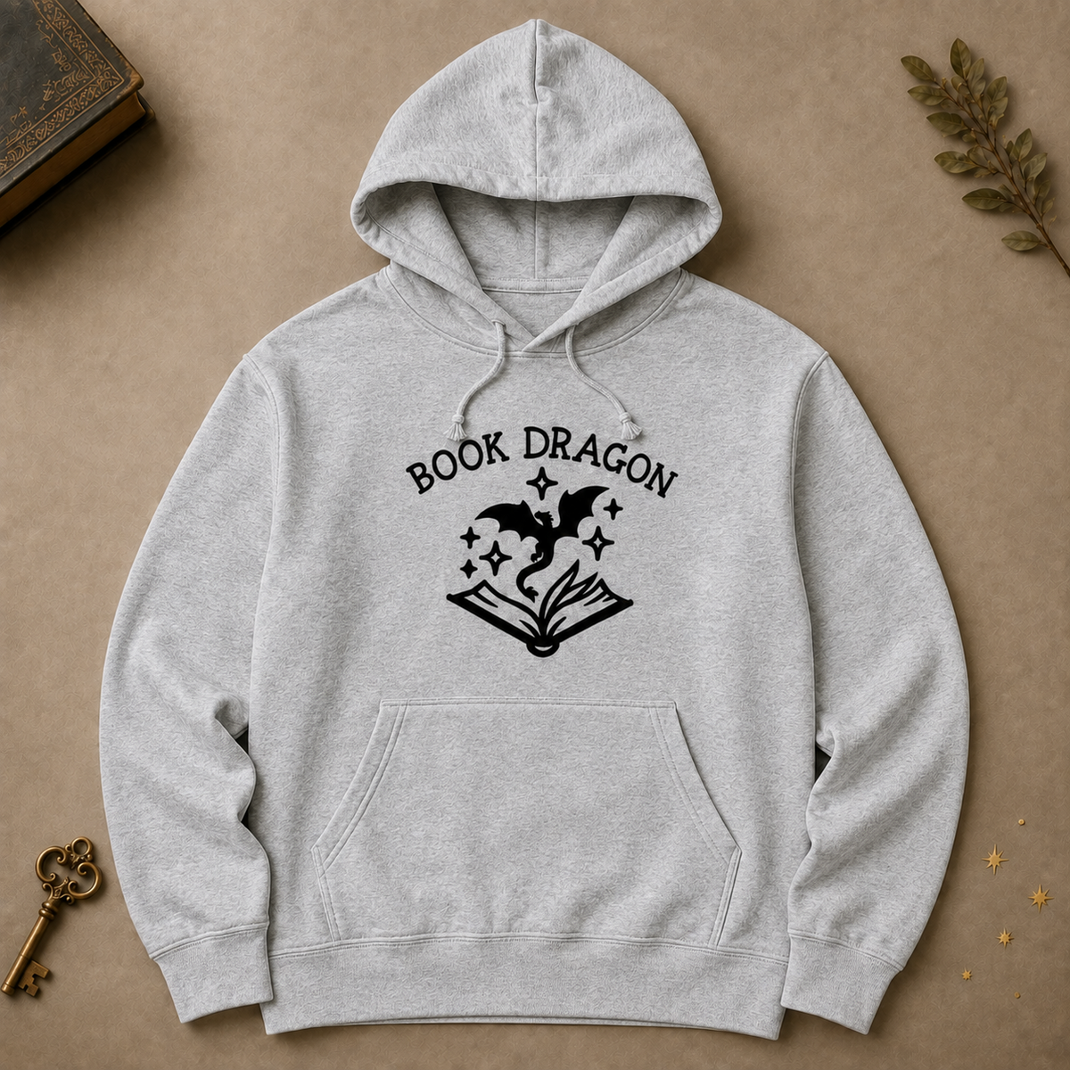 Book Dragon hoodie with black dragon and open book artwork