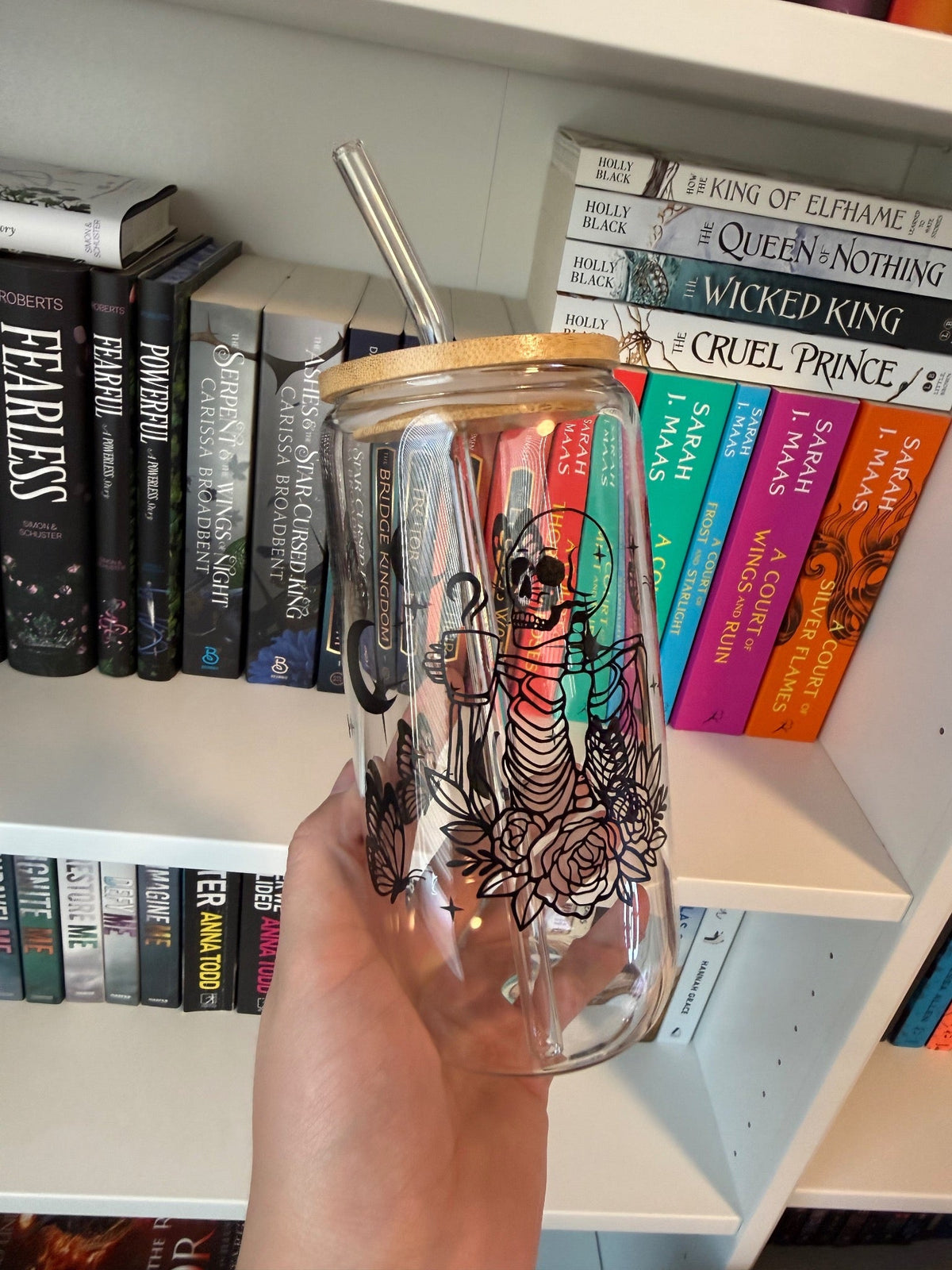 Clear glass tumbler with gothic floral skeleton artwork and bamboo lid