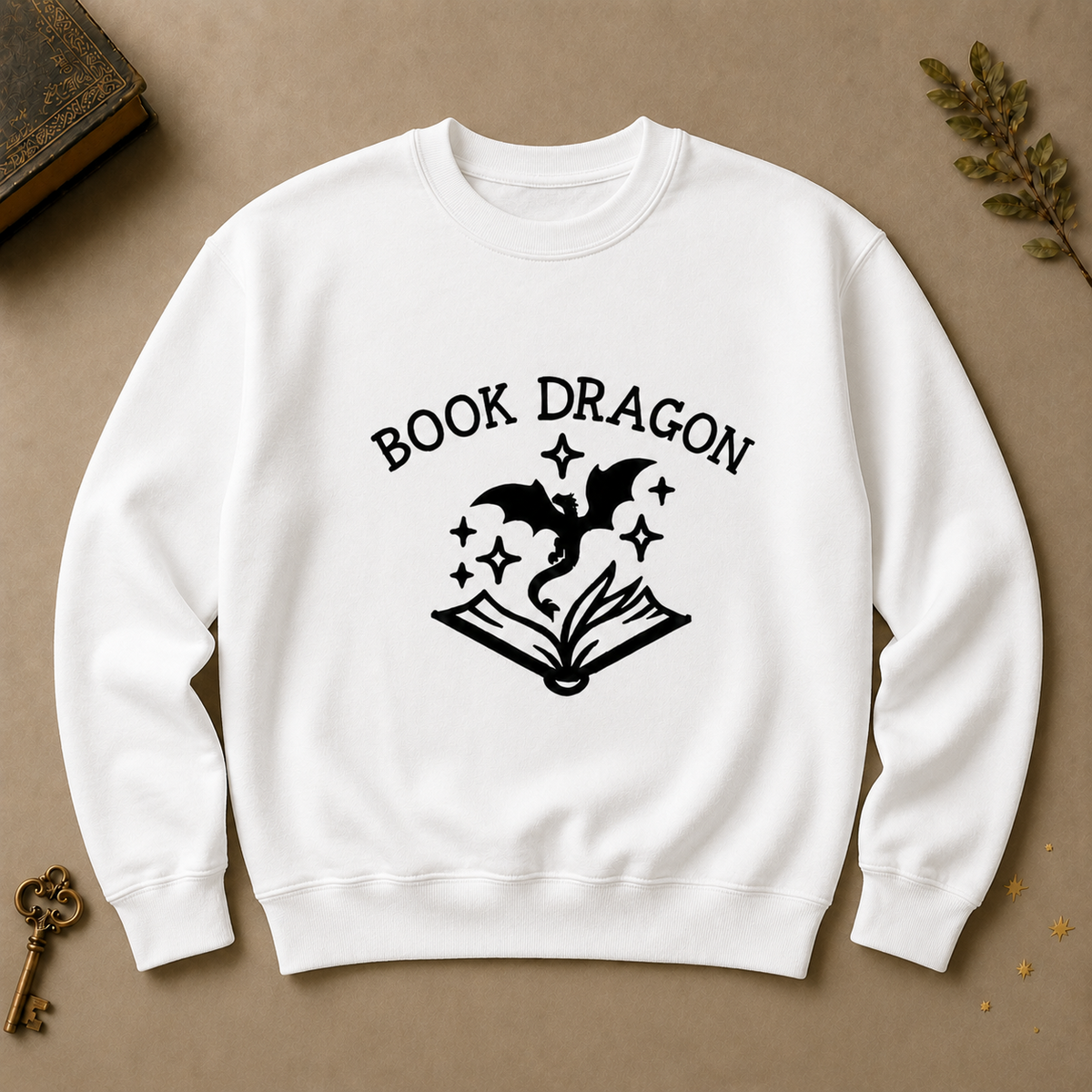 White Book Dragon crewneck sweatshirt with black dragon and open-book design