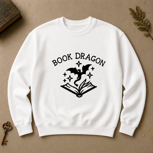 White Book Dragon crewneck sweatshirt with black dragon and open-book design