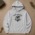 Gray Book Dragon hoodie with black dragon and open-book design