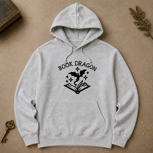 Gray Book Dragon hoodie with black dragon and open-book design