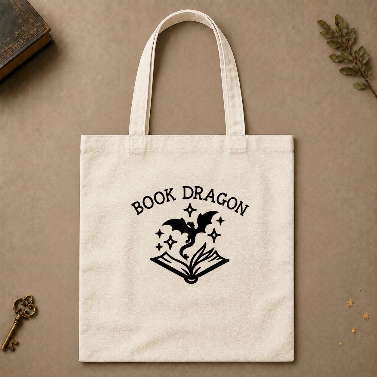 Cream Book Dragon tote bag with black dragon and open-book design