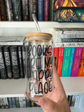 Clear glass tumbler with bamboo lid and a books-are-my-happy-place quote