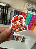 Cozy fall cow sticker with pumpkins and sunflowers