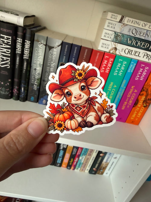 Cozy fall cow sticker with pumpkins and sunflowers