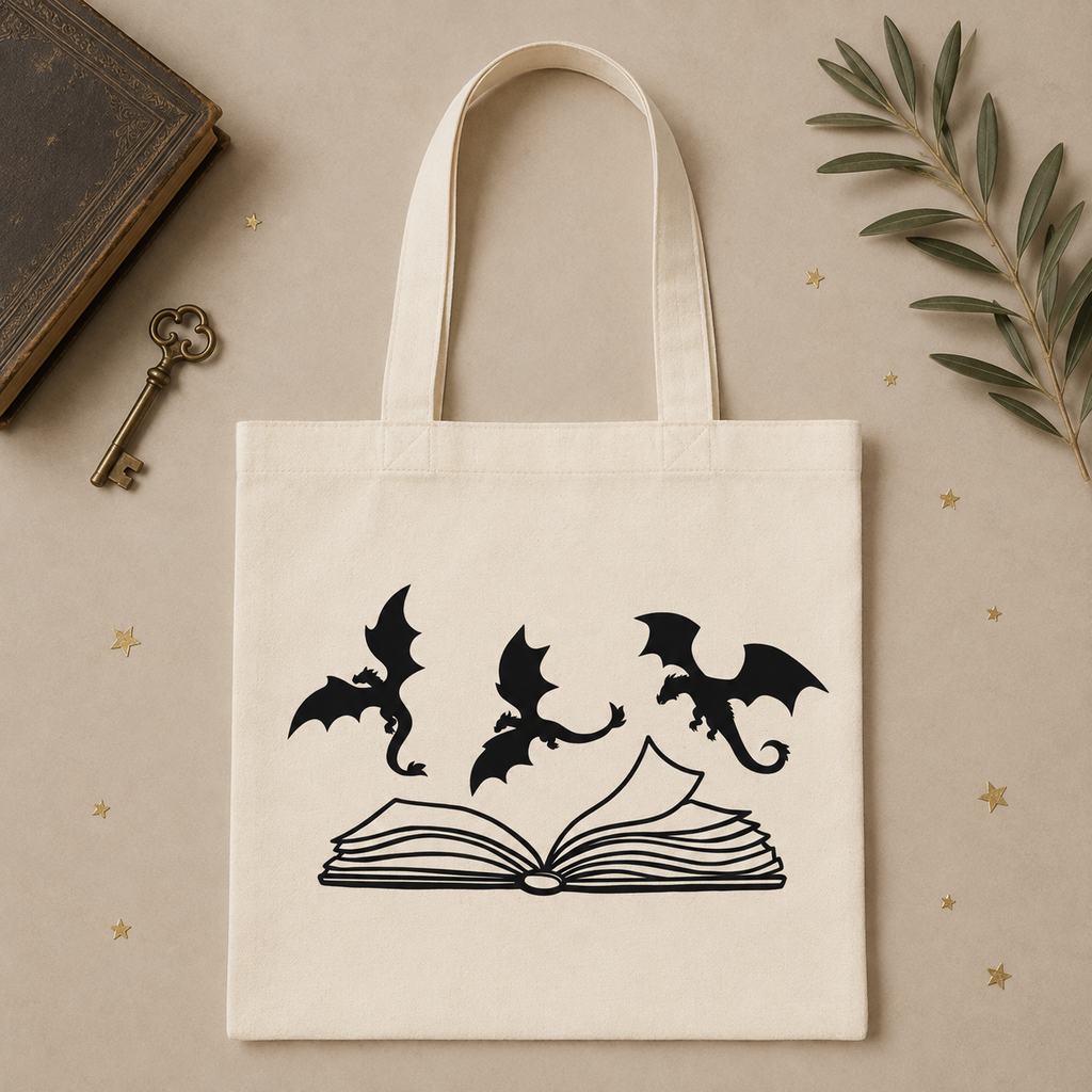 Cream tote bag with three dragons flying over an open book
