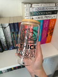 Clear glass tumbler with bamboo lid and an extra-spicy bookish quote
