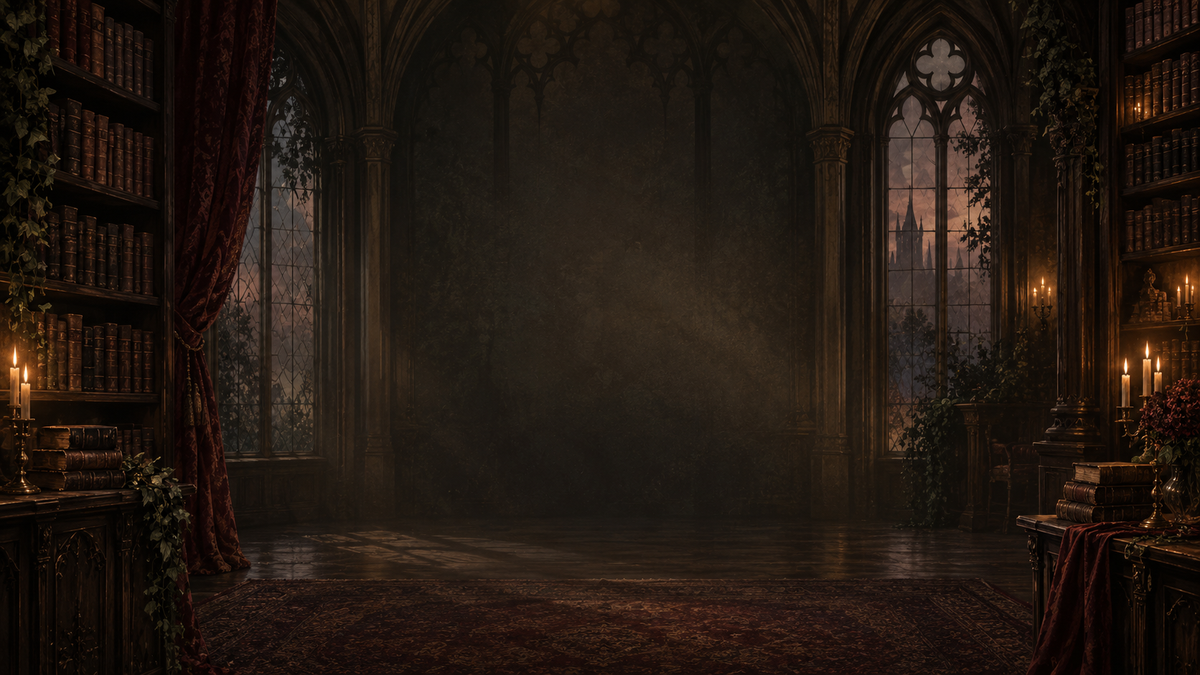 Atmospheric gothic library with arched windows, bookshelves, candles, and warm burgundy shadows