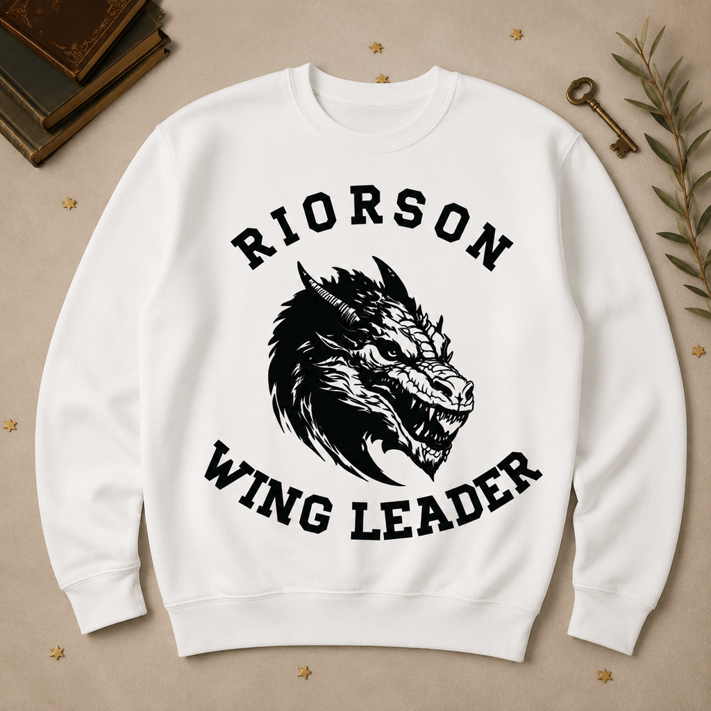 White Riorson Wing Leader crewneck sweatshirt with black dragon graphic