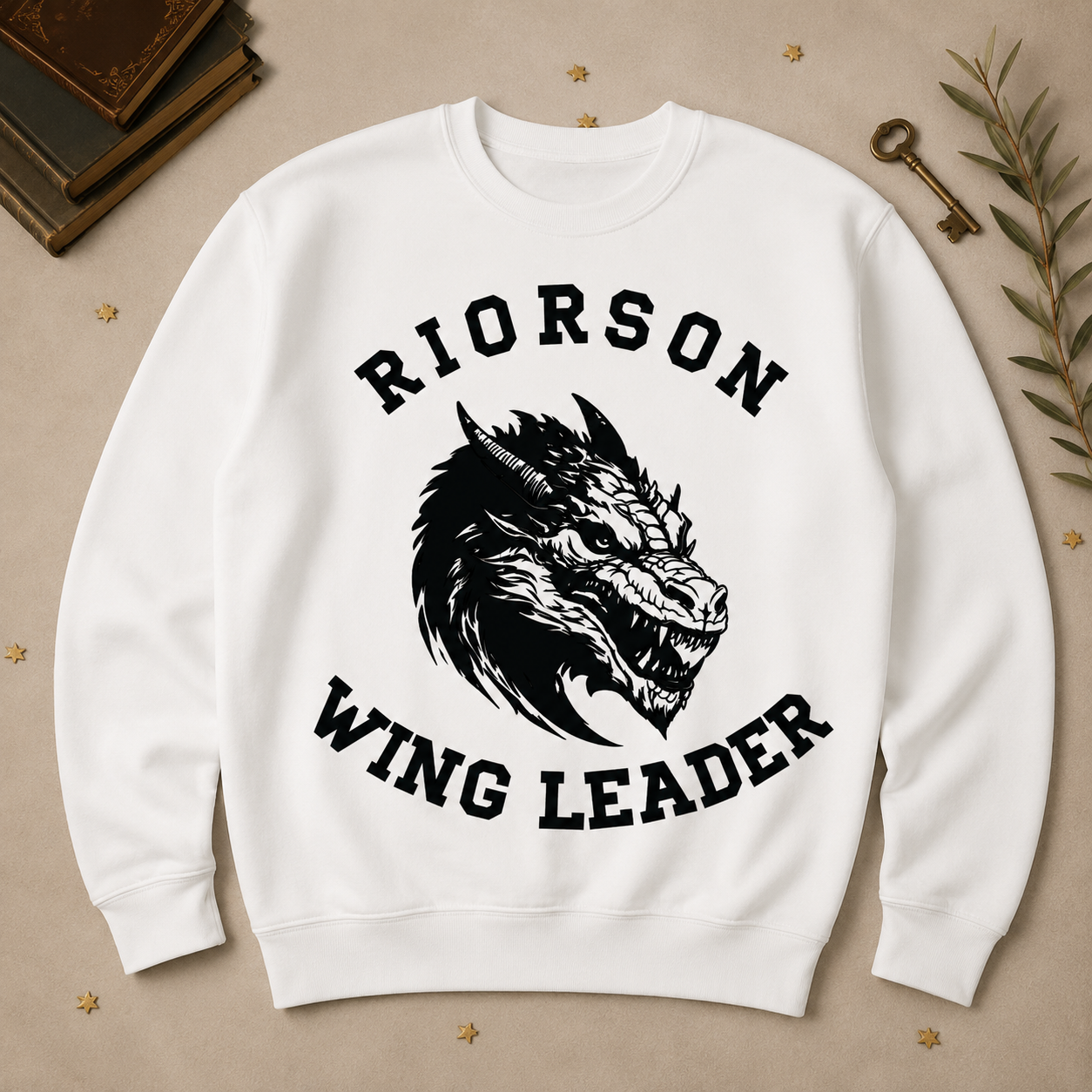 White Riorson Wing Leader crewneck sweatshirt with black dragon graphic