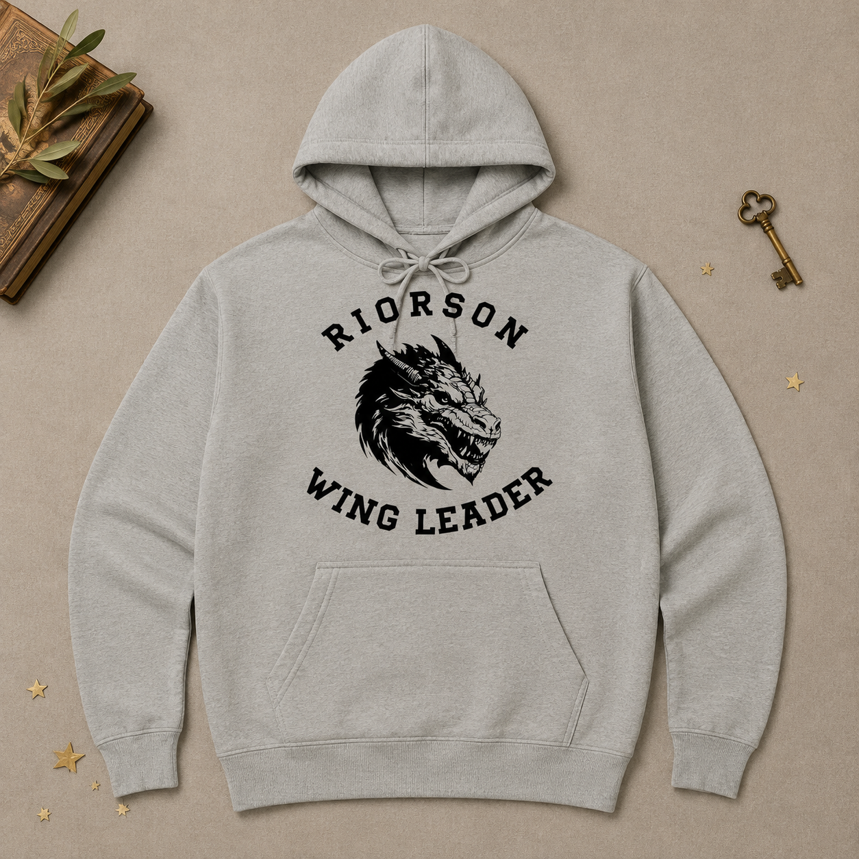 Gray Riorson Wing Leader hoodie with black dragon graphic