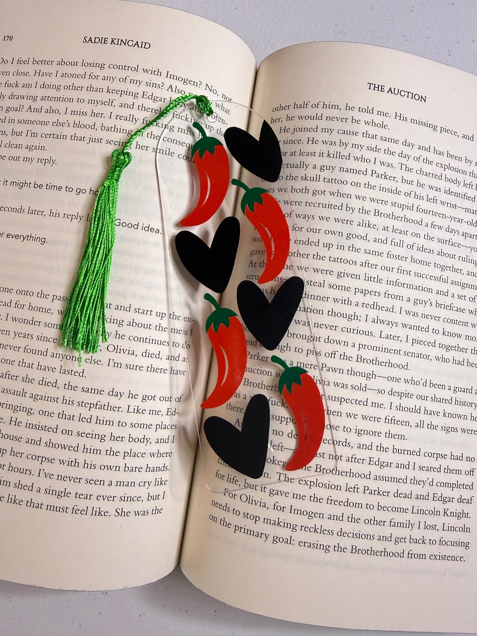 Romance bookmark with red peppers and black hearts